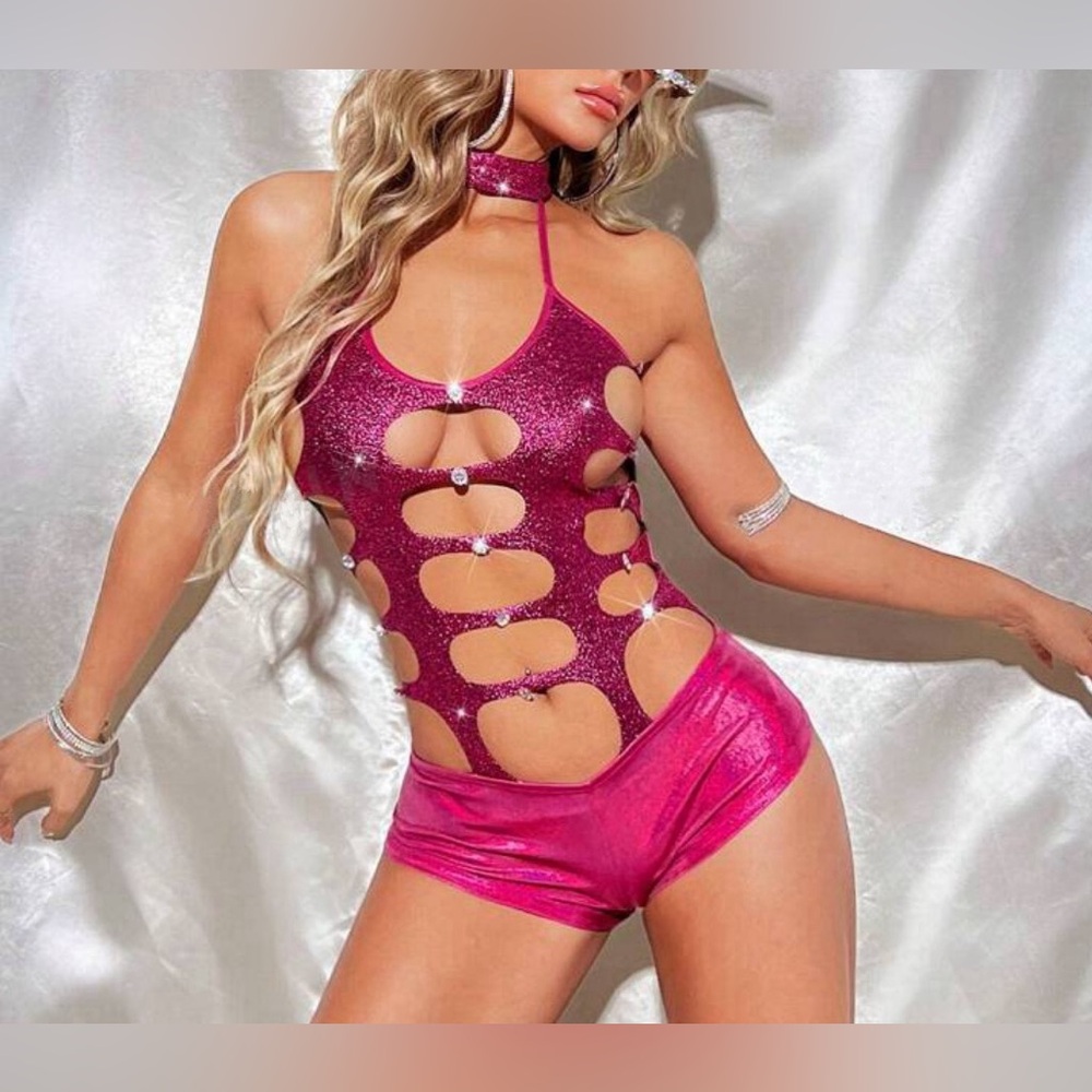 Pink Glitter & Rhinestone High Neck Cut Out Festival Bodysuit